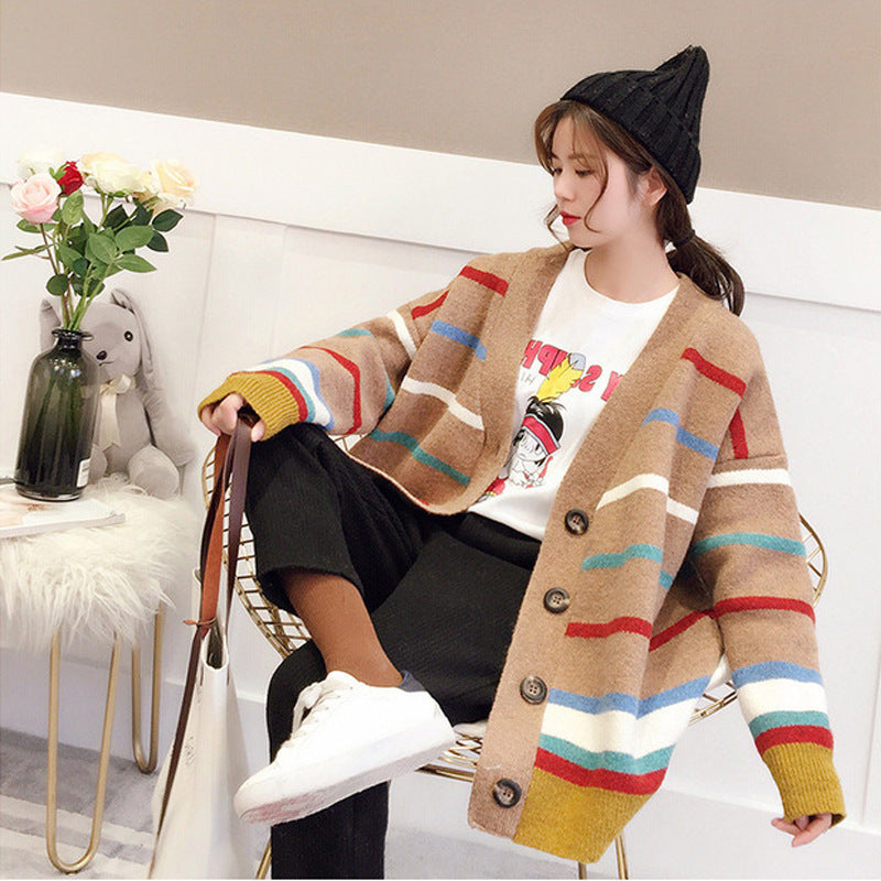 New Rainbow Striped Sweater Cardigan Women