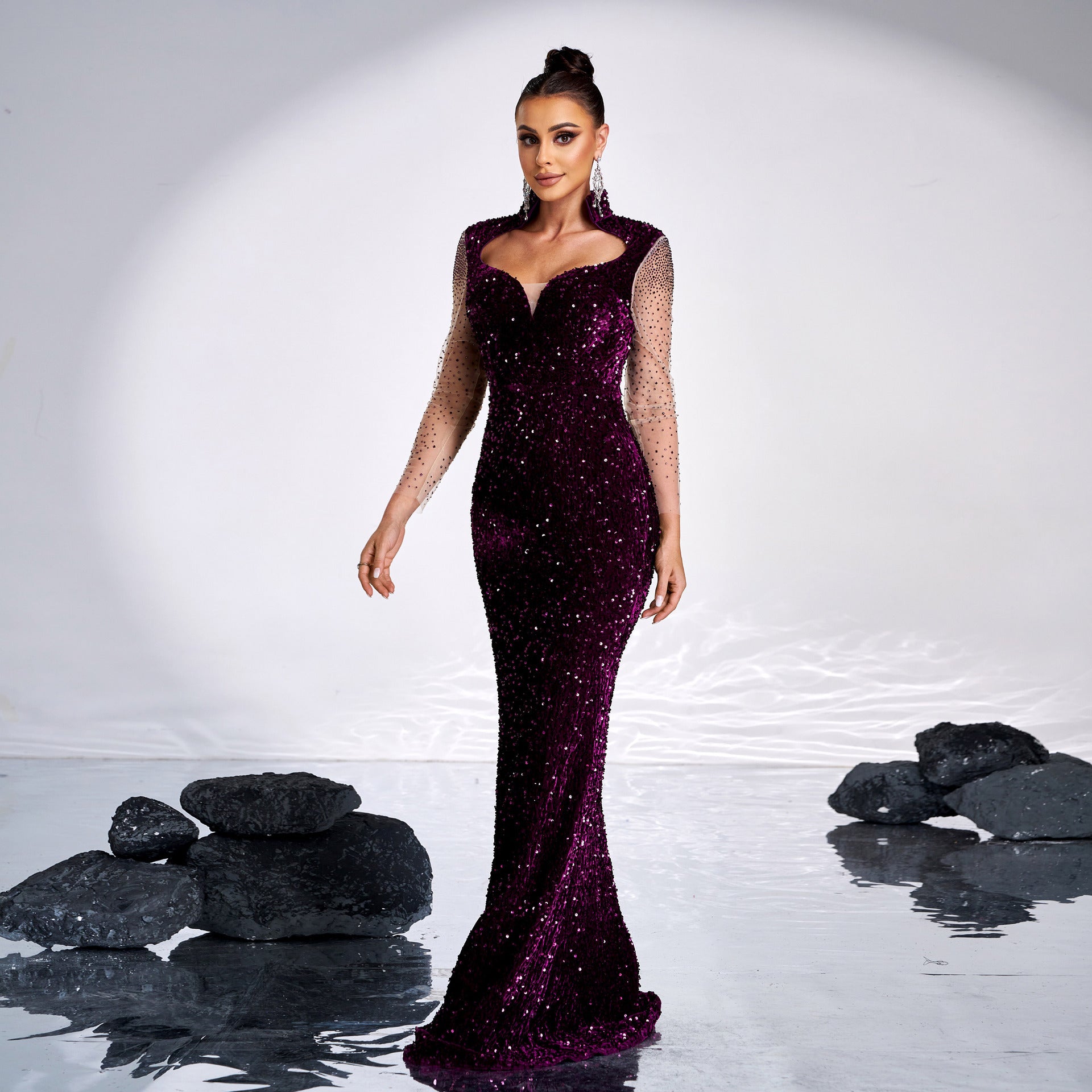 Long Banquet Sequined Rhinestone Fishtail Dress