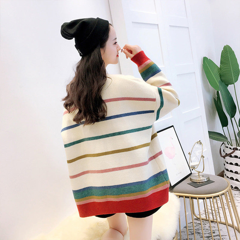 New Rainbow Striped Sweater Cardigan Women