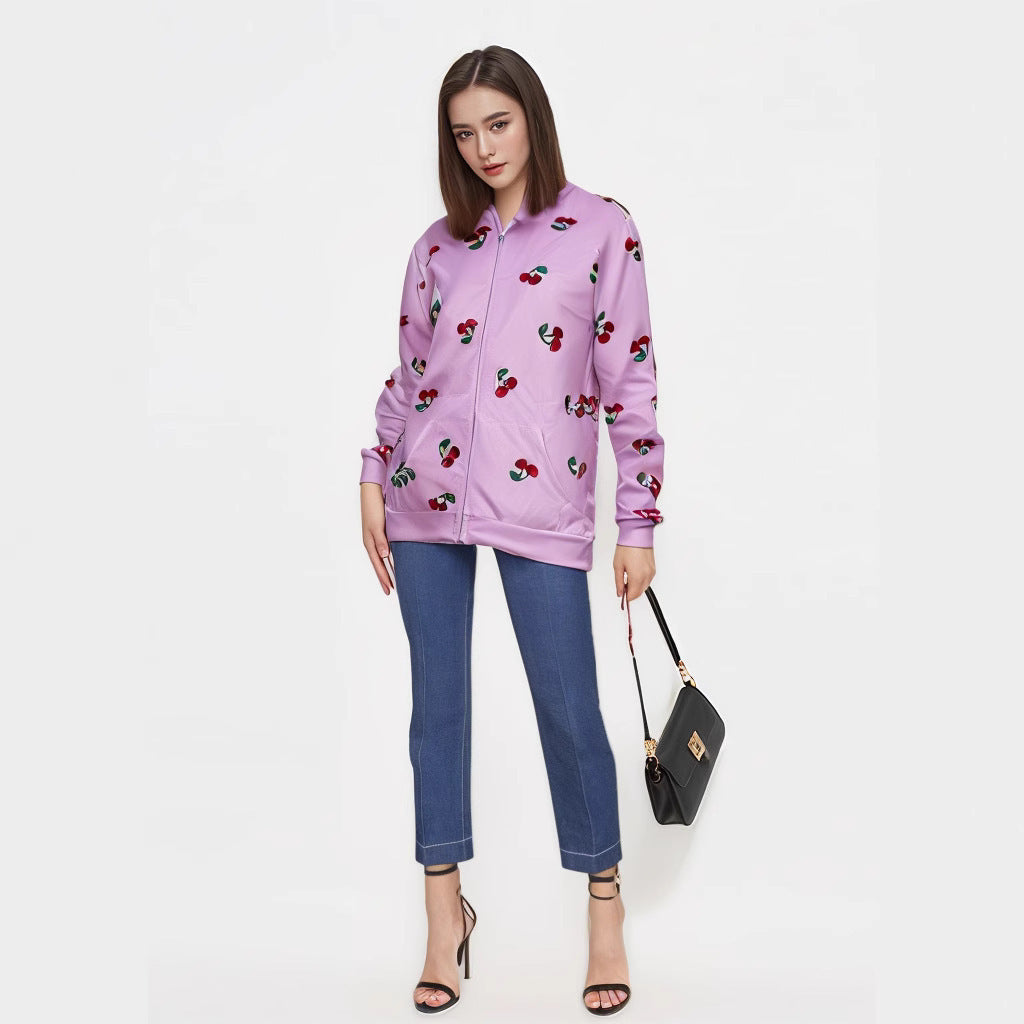 Cherry Print Sweater Coat For Women