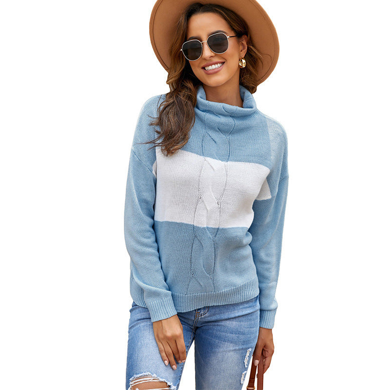 Contrasting Color Hollow Stitching Sweater Turtleneck Sweater Women